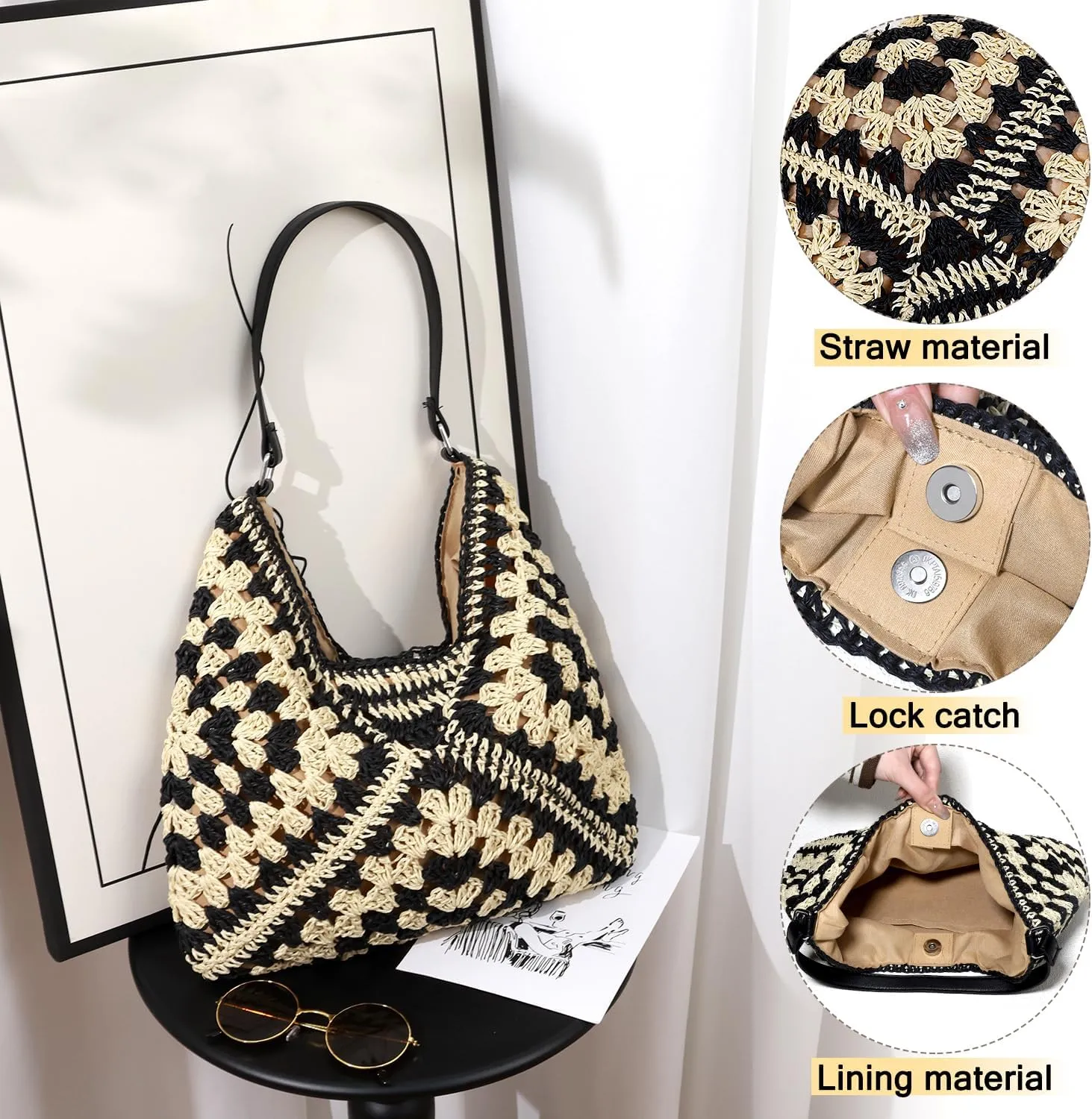 hatisan Straw Beach Bag for Women Summer Woven Beach Tote Bag Shoulder Handbags Boho Bag