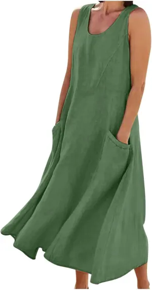 Hawaiian Dresses for Women Summer Casual Short Sleeve Cotton Linen Sundresses Oversized Flowy Dress with Pockets