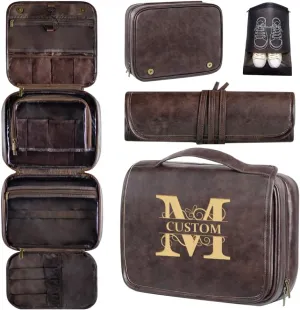 HDSD Custom 3-in-1 PU Leather Toiletry Bag For Men Personalized Hanging Travel Organizer Bag for Father Husband Boyfriend (Dark Brown)