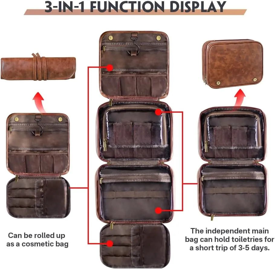 HDSD Custom 3-in-1 PU Leather Toiletry Bag For Men Personalized Hanging Travel Organizer Bag for Father Husband Boyfriend (Dark Brown)