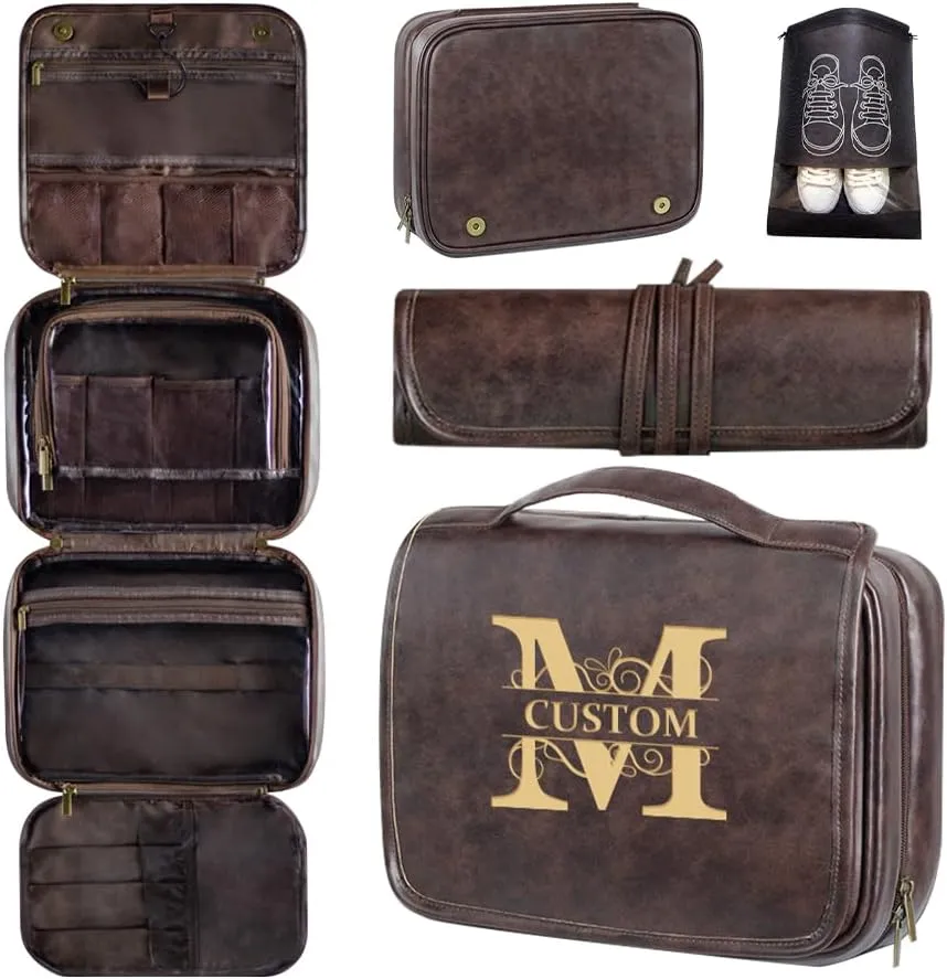 HDSD Custom 3-in-1 PU Leather Toiletry Bag For Men Personalized Hanging Travel Organizer Bag for Father Husband Boyfriend (Dark Brown)