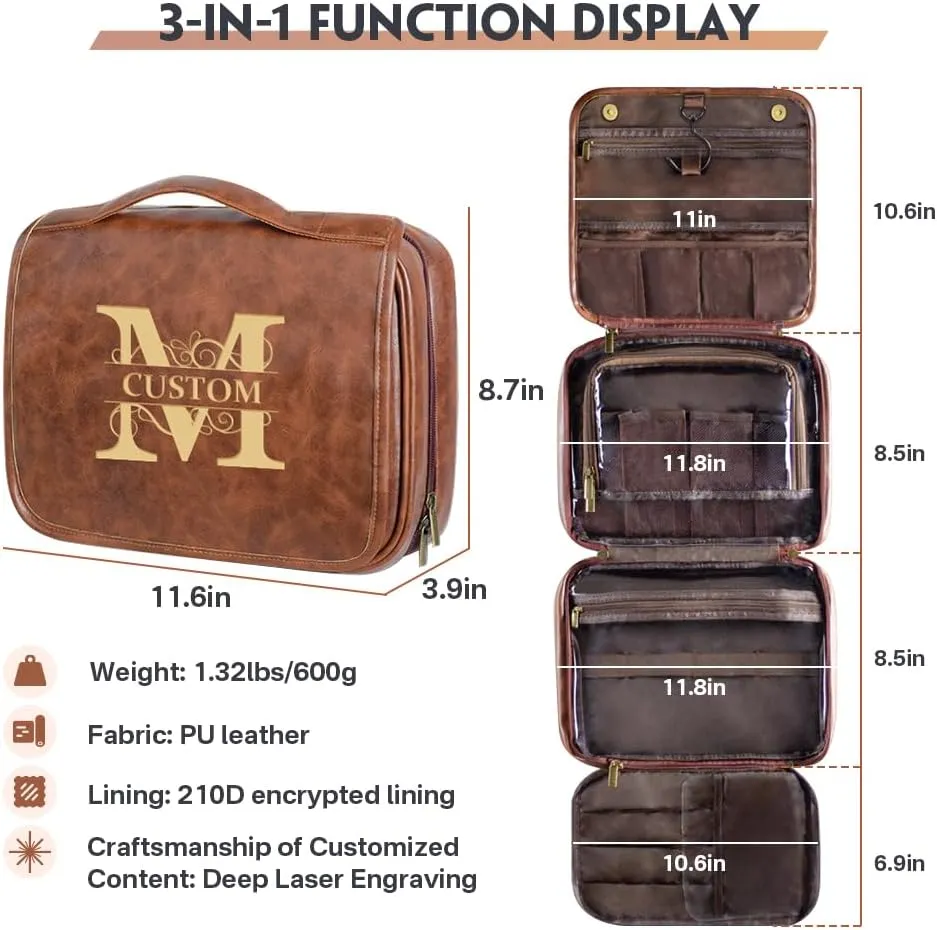 HDSD Custom 3-in-1 PU Leather Toiletry Bag For Men Personalized Hanging Travel Organizer Bag for Father Husband Boyfriend (Dark Brown)