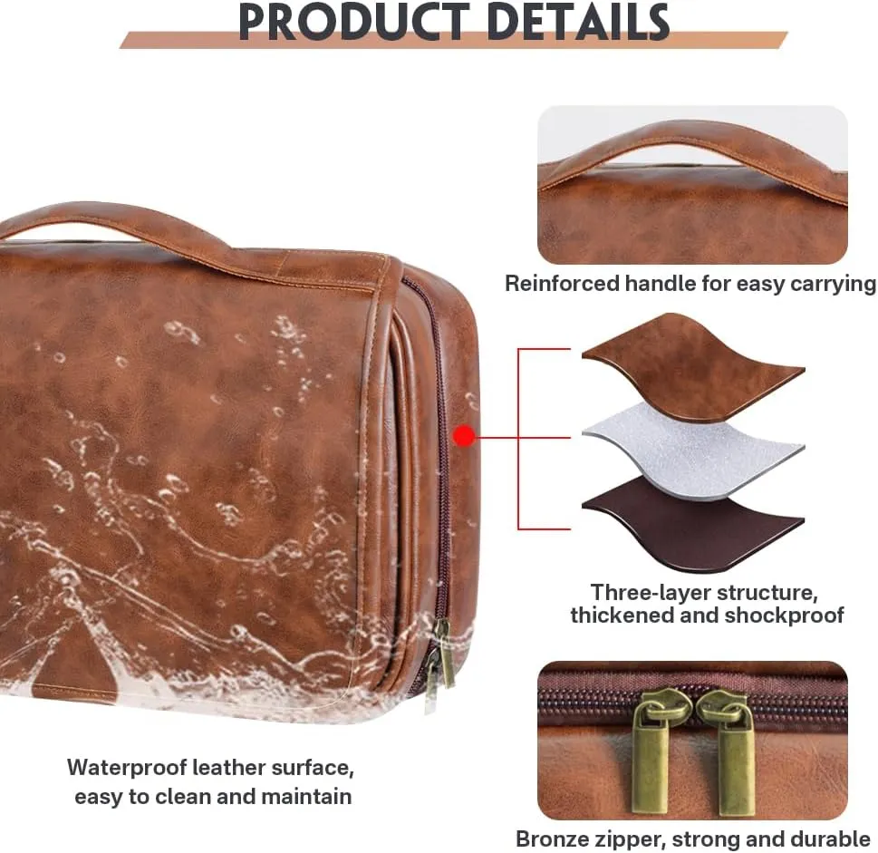 HDSD Custom 3-in-1 PU Leather Toiletry Bag For Men Personalized Hanging Travel Organizer Bag for Father Husband Boyfriend (Dark Brown)