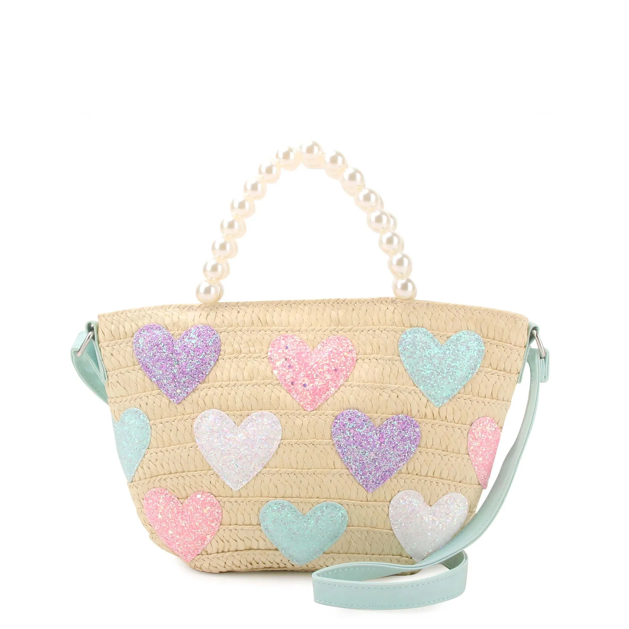 Hearts Straw Pearl Handle Tote Bag