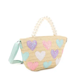 Hearts Straw Pearl Handle Tote Bag