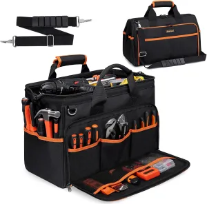 Heavy Duty Tool Bag 17.3-Inch, 26-Pocket Large Tool Bags for Men Women with Adjustable Shoulder Strap,Waterproof, Foldable Tool Bag Organizer for HVAC Electricians Mechanics Craftsman Contractor