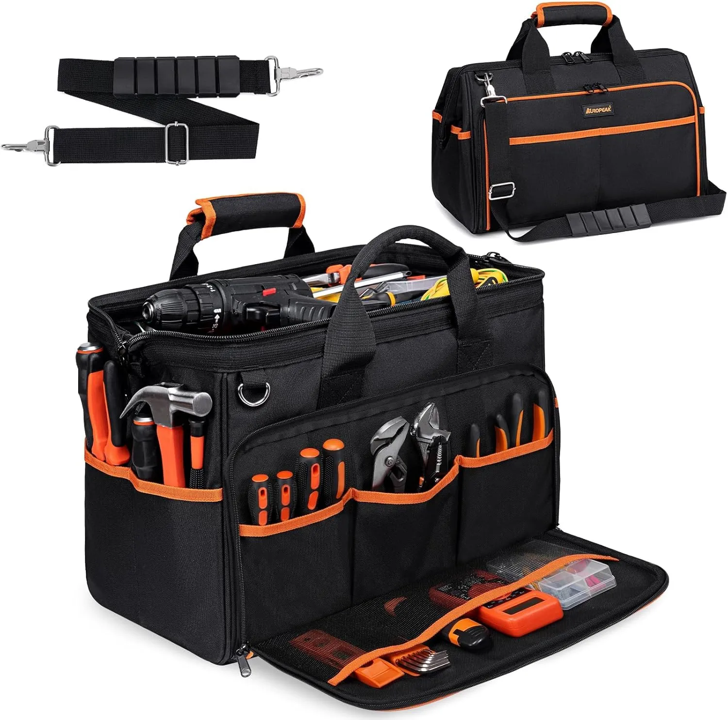 Heavy Duty Tool Bag 17.3-Inch, 26-Pocket Large Tool Bags for Men Women with Adjustable Shoulder Strap,Waterproof, Foldable Tool Bag Organizer for HVAC Electricians Mechanics Craftsman Contractor