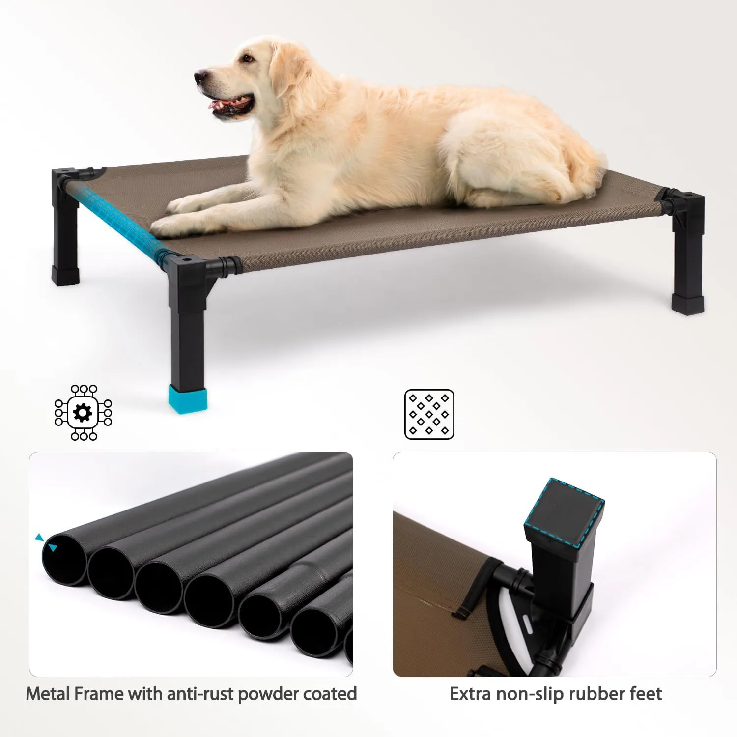 Heeyoo Cooling Elevated Dog Bed, Raised Dog Bed with Washable Breathable Mesh and Metal Frame, Portable Dog Cot Bed with No-Slip Feet for Outdoor and Indoor Use, Brown