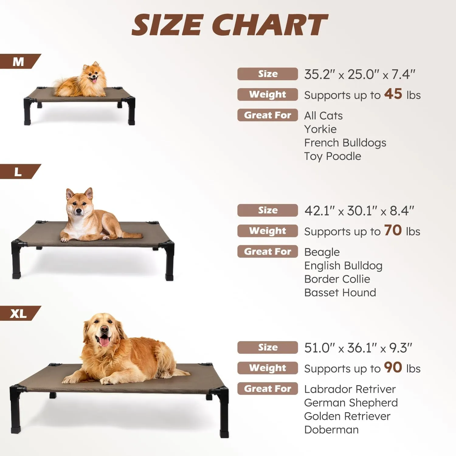 Heeyoo Cooling Elevated Dog Bed, Raised Dog Bed with Washable Breathable Mesh and Metal Frame, Portable Dog Cot Bed with No-Slip Feet for Outdoor and Indoor Use, Brown
