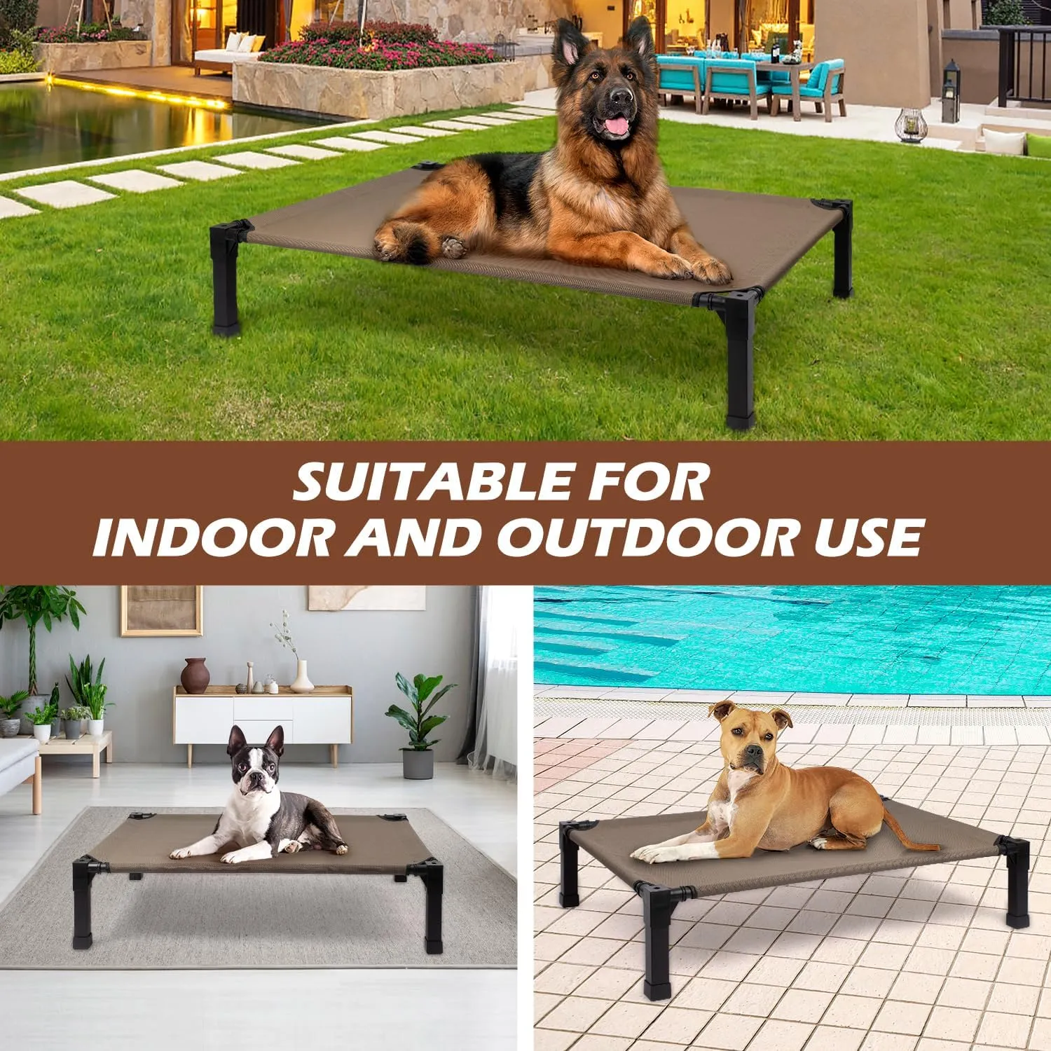 Heeyoo Cooling Elevated Dog Bed, Raised Dog Bed with Washable Breathable Mesh and Metal Frame, Portable Dog Cot Bed with No-Slip Feet for Outdoor and Indoor Use, Brown
