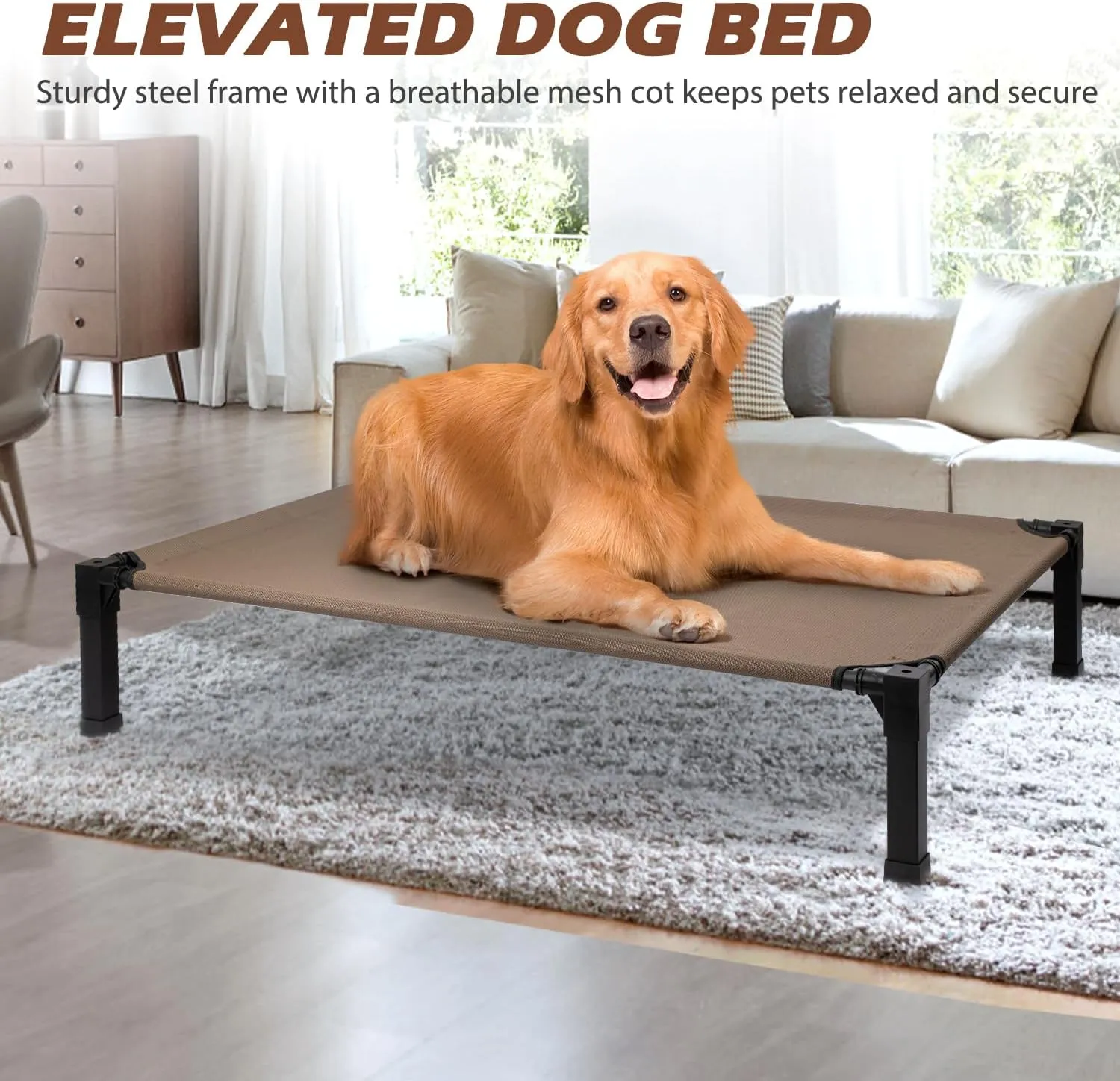 Heeyoo Cooling Elevated Dog Bed, Raised Dog Bed with Washable Breathable Mesh and Metal Frame, Portable Dog Cot Bed with No-Slip Feet for Outdoor and Indoor Use, Brown