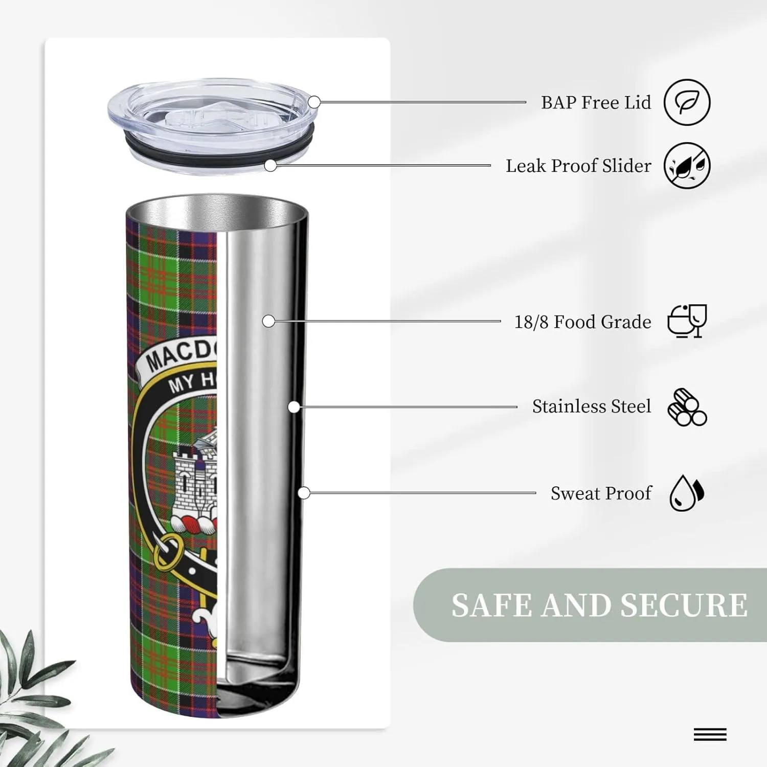 Hei Bai.JZQ Insulated Tumbler with Lids and Straws, MacDonald of Clan Ranald Tartan Clan Badge Stainless Steel Mug Coffee Cup Thermal Travel 20oz