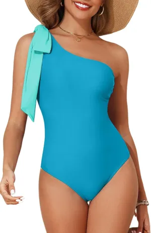Herseas Women One Bow Shoulder One Piece Swimsuit Asymmetric Cutout Bathing Suit