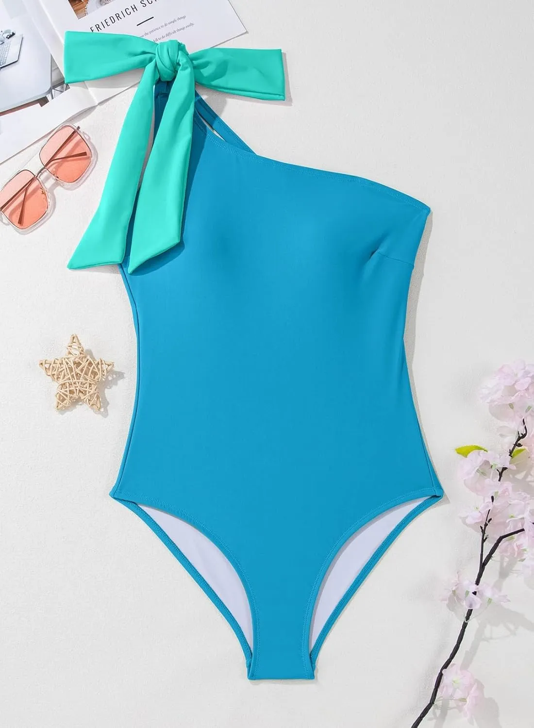 Herseas Women One Bow Shoulder One Piece Swimsuit Asymmetric Cutout Bathing Suit
