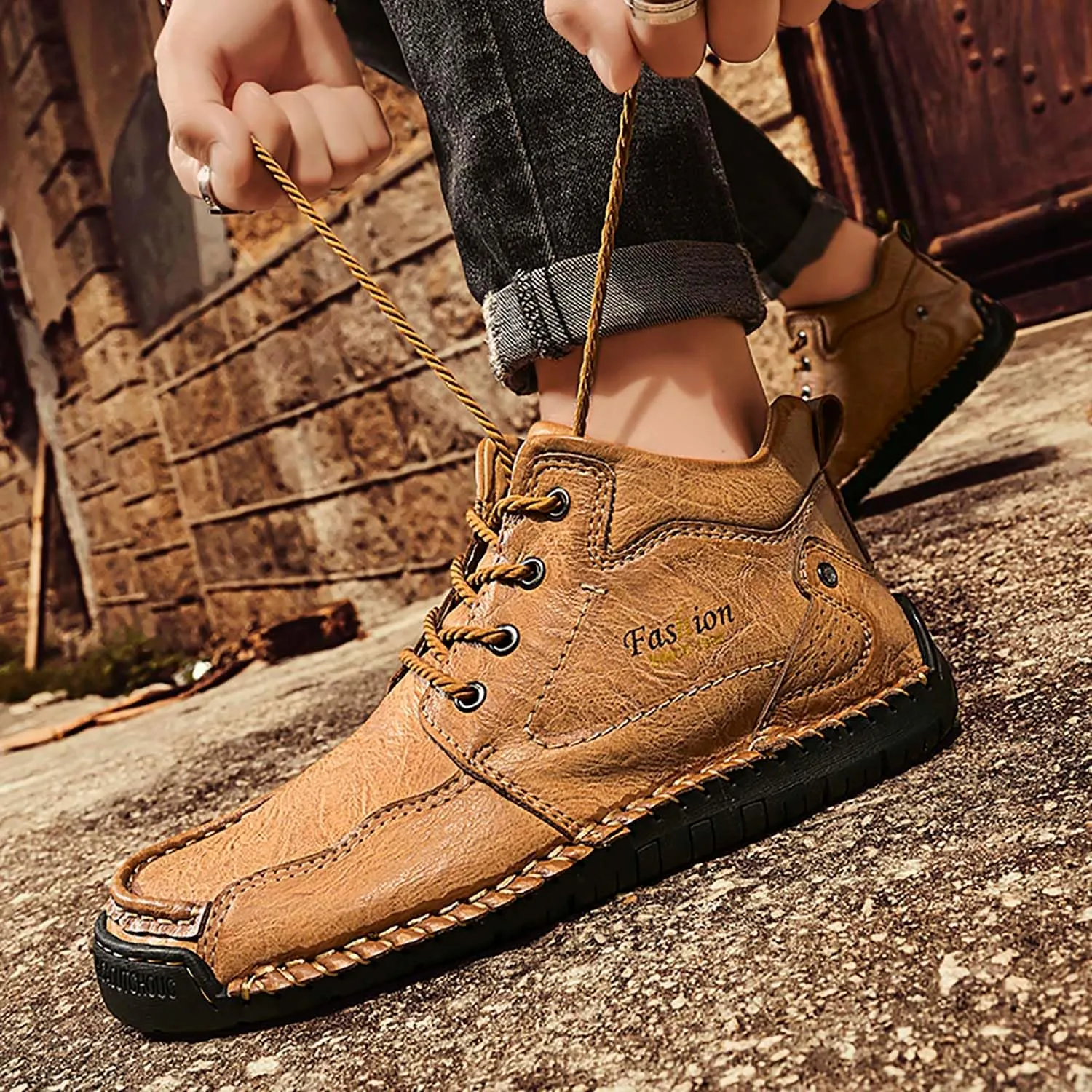 HESBITEUL Unisex Hiking Leather Boots Non-Slip Breathable Chukka with Fur Lining