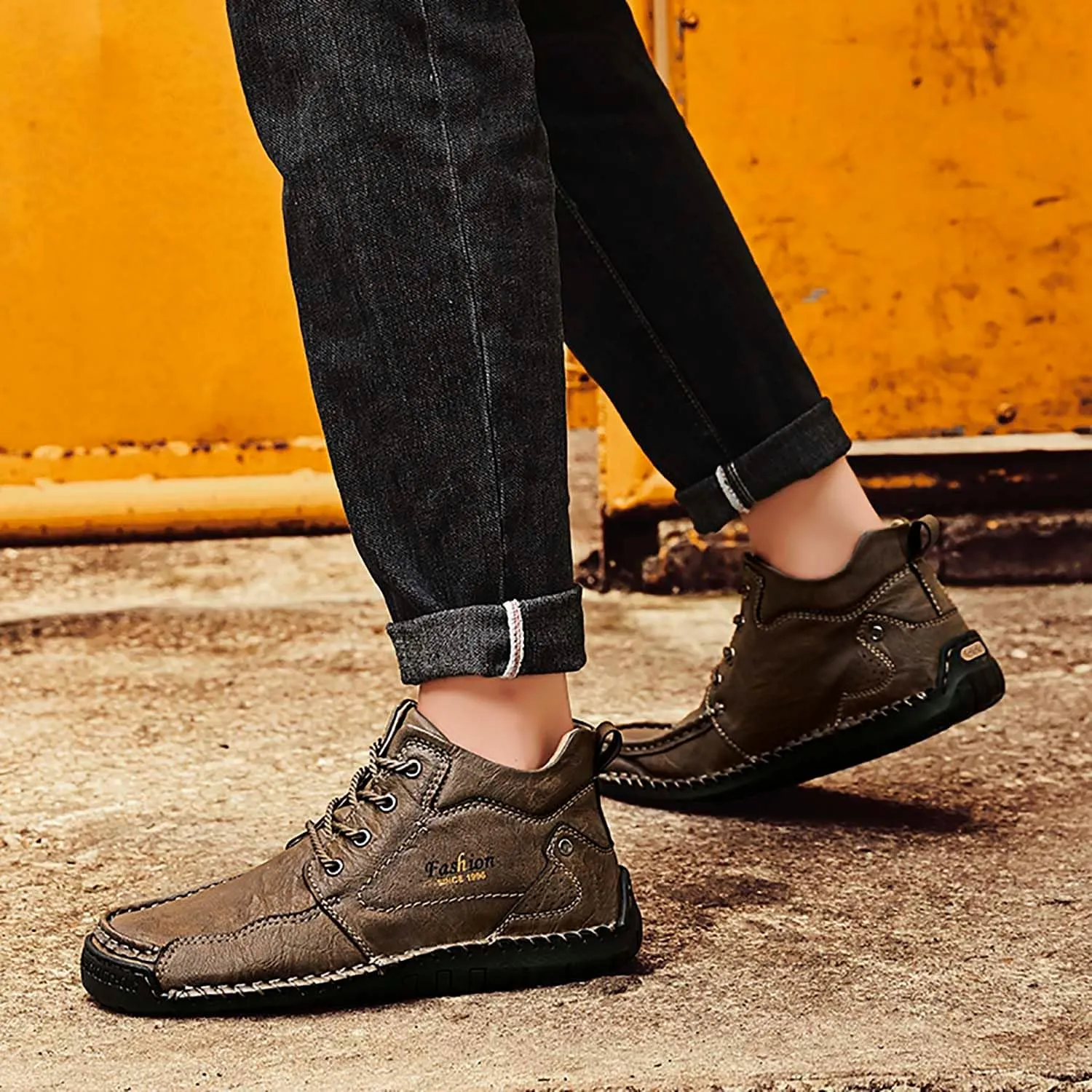 HESBITEUL Unisex Hiking Leather Boots Non-Slip Breathable Chukka with Fur Lining