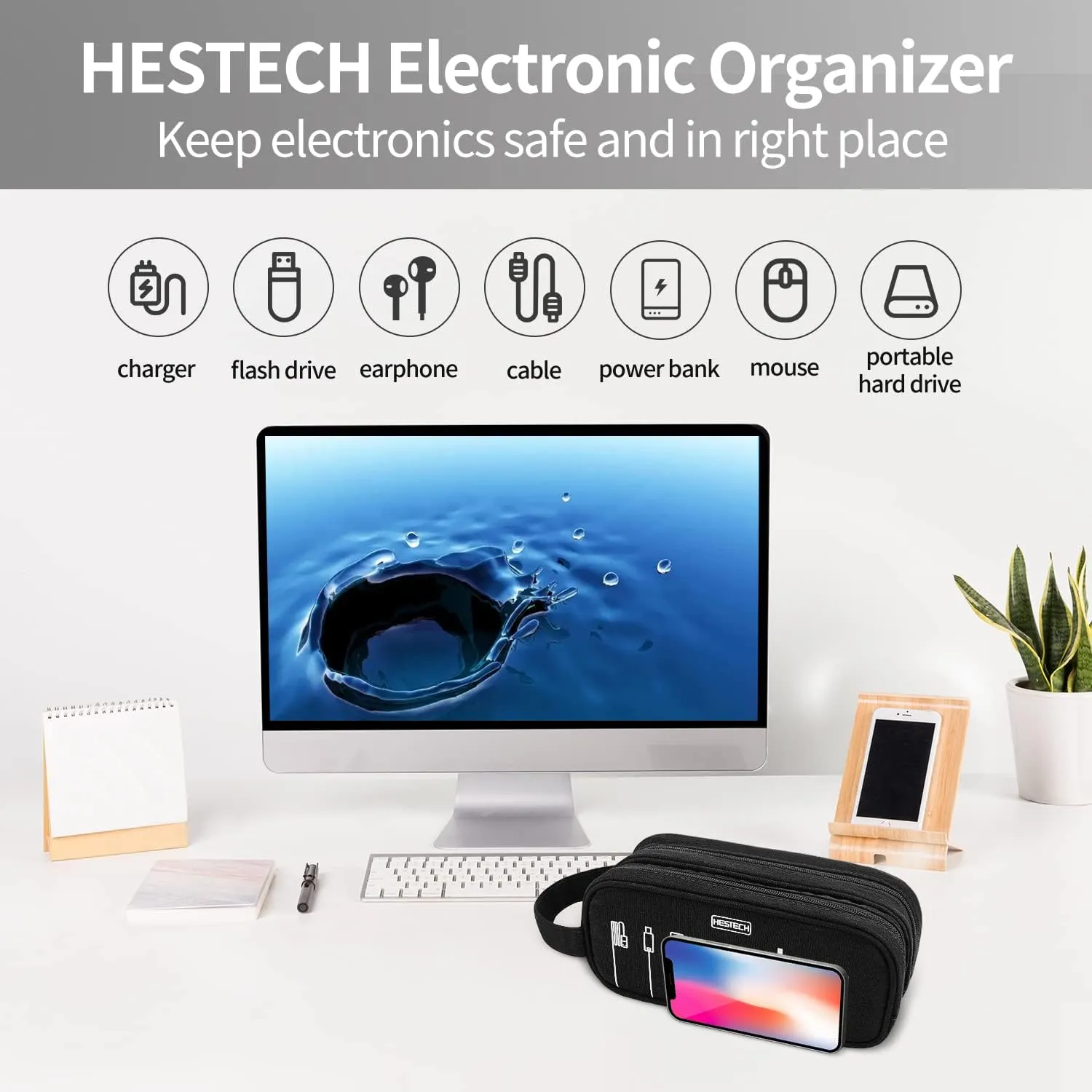 HESTECH Electronics Organizer Travel Charger Case Cord Cable Organizer Bag Portable Waterproof Double Layers All-in-one Storage for Charger Mouse Earbud USB Drive (Dark Grey, Medium)