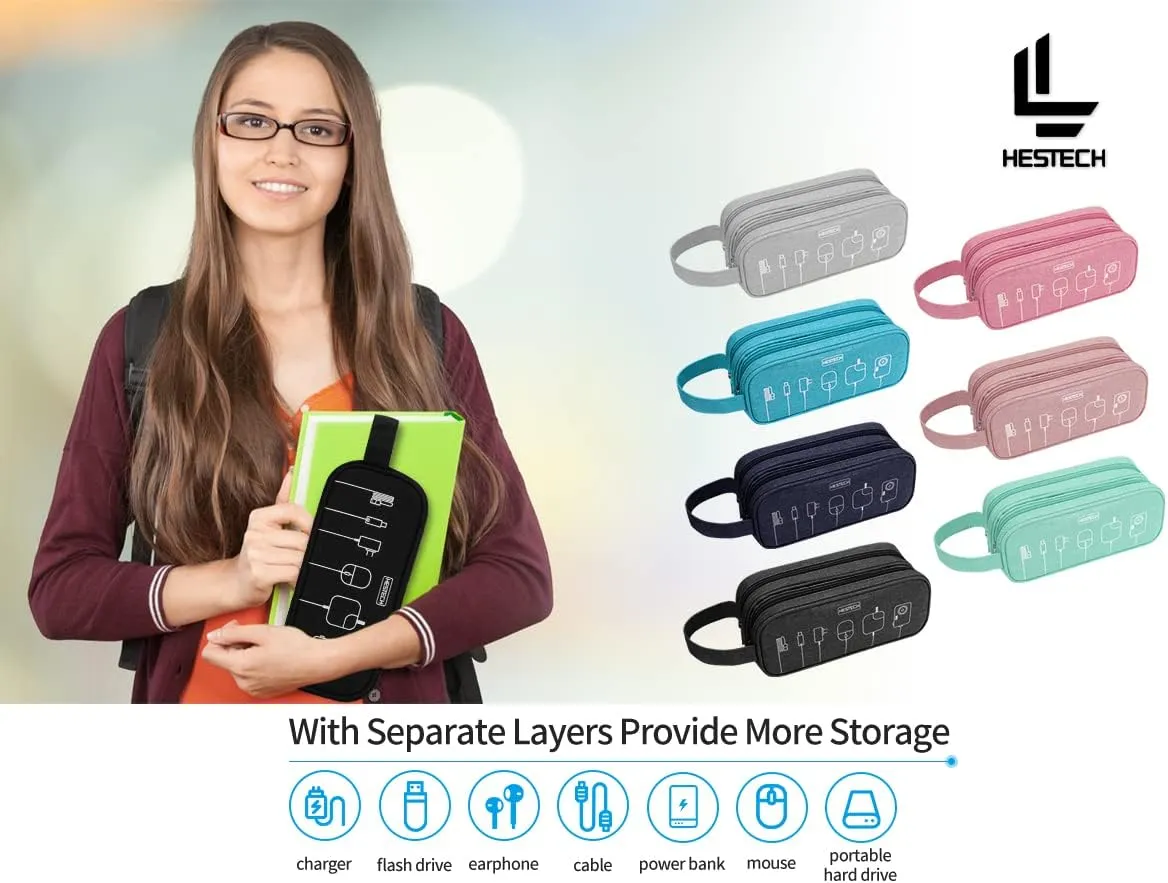 HESTECH Electronics Organizer Travel Charger Case Cord Cable Organizer Bag Portable Waterproof Double Layers All-in-one Storage for Charger Mouse Earbud USB Drive (Dark Grey, Medium)