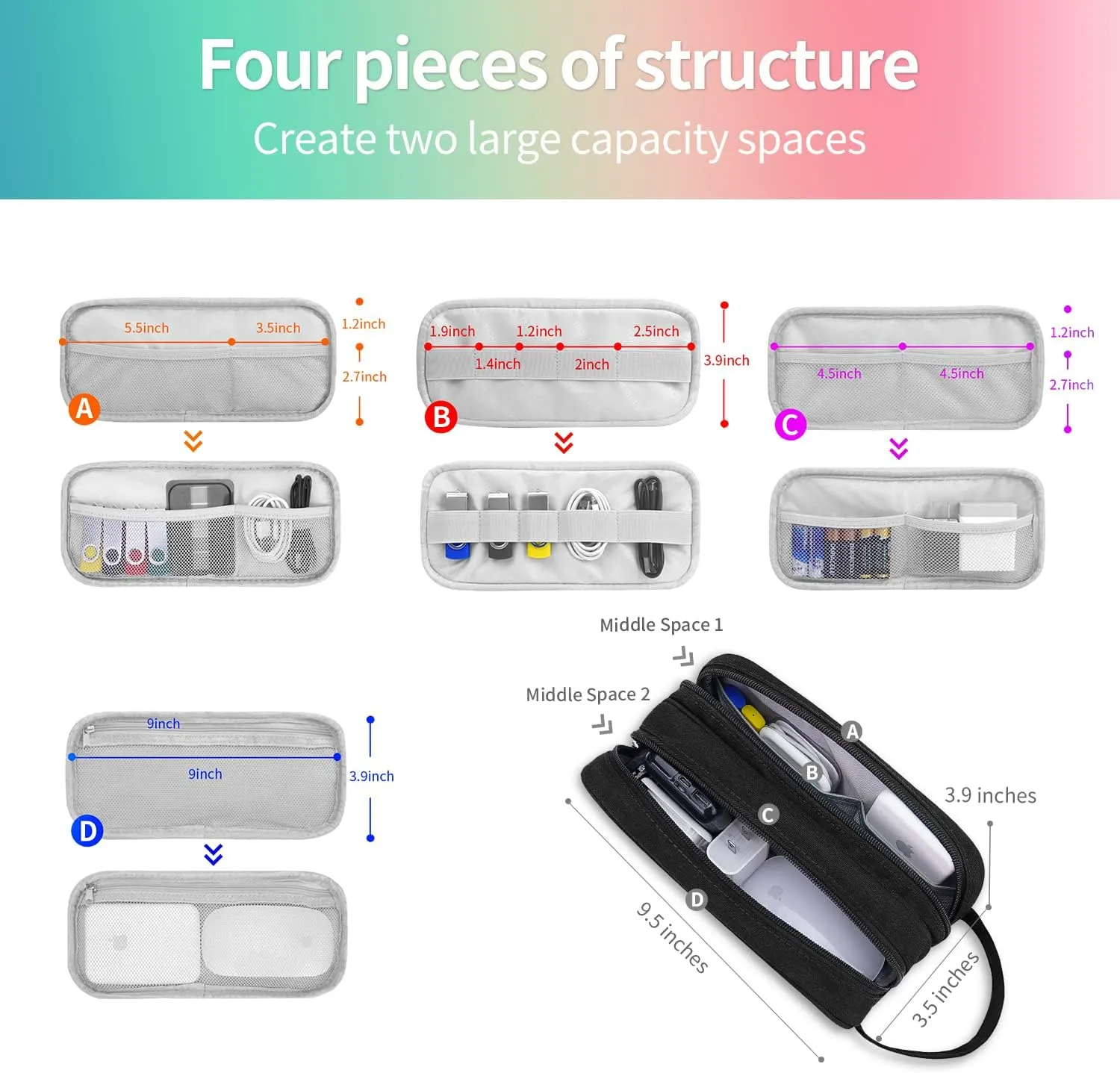 HESTECH Electronics Organizer Travel Charger Case Cord Cable Organizer Bag Portable Waterproof Double Layers All-in-one Storage for Charger Mouse Earbud USB Drive (Dark Grey, Medium)