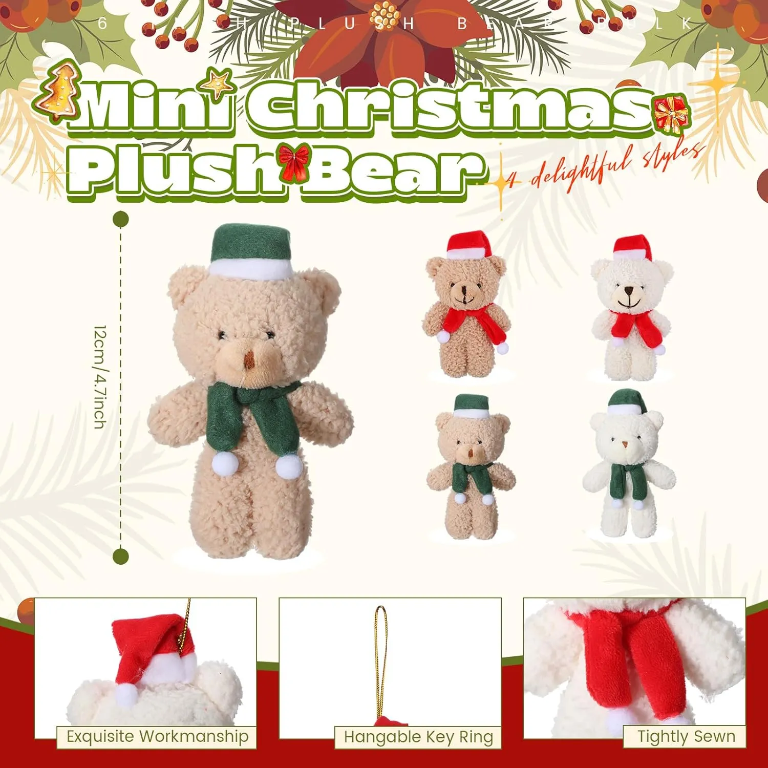 Hiboom 40 Pieces Christmas Stuffed Animal Bear Christmas Small Plush Cute Bear Stuffed Animals Xmas Toys for Birthday Decorations Party Favors(Plush,Classic Style)