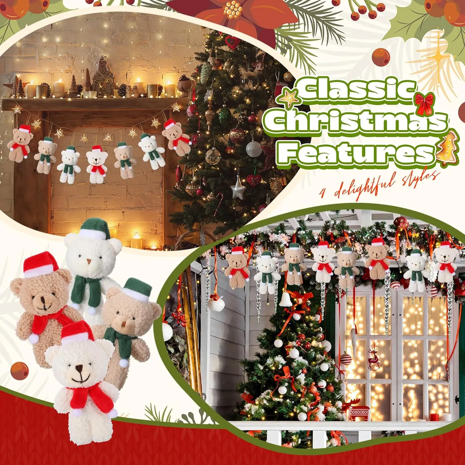 Hiboom 40 Pieces Christmas Stuffed Animal Bear Christmas Small Plush Cute Bear Stuffed Animals Xmas Toys for Birthday Decorations Party Favors(Plush,Classic Style)