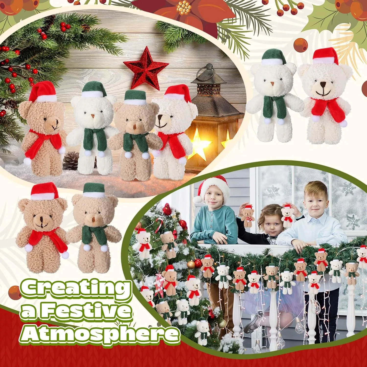 Hiboom 40 Pieces Christmas Stuffed Animal Bear Christmas Small Plush Cute Bear Stuffed Animals Xmas Toys for Birthday Decorations Party Favors(Plush,Classic Style)