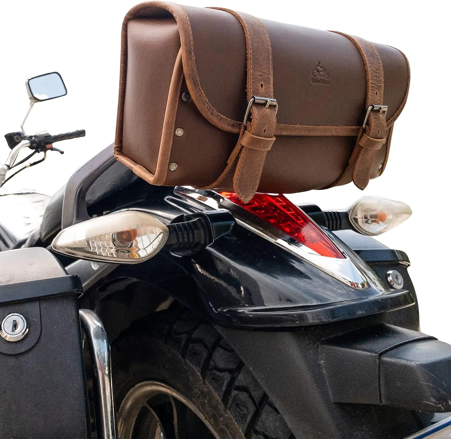 Hide & Ride, Motorcycle Riveted Bag Handmade from Full Grain Leather, Adjustable Belts, Large Capacity, Biker Accessories :: Bourbon Brown