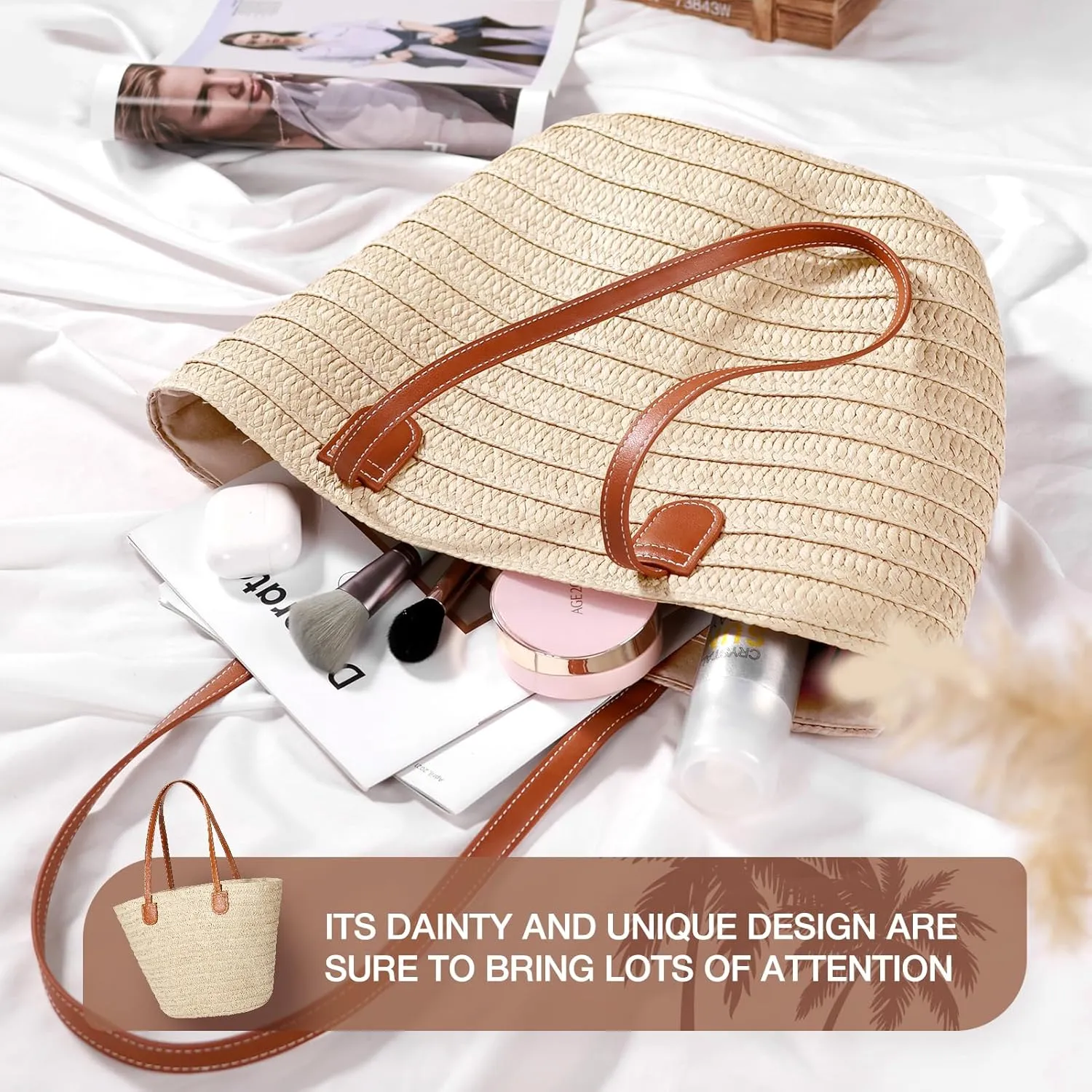 Hommtina Straw Beach Bag - Womens Crossbody Shoulder Vacation Purse for Summer