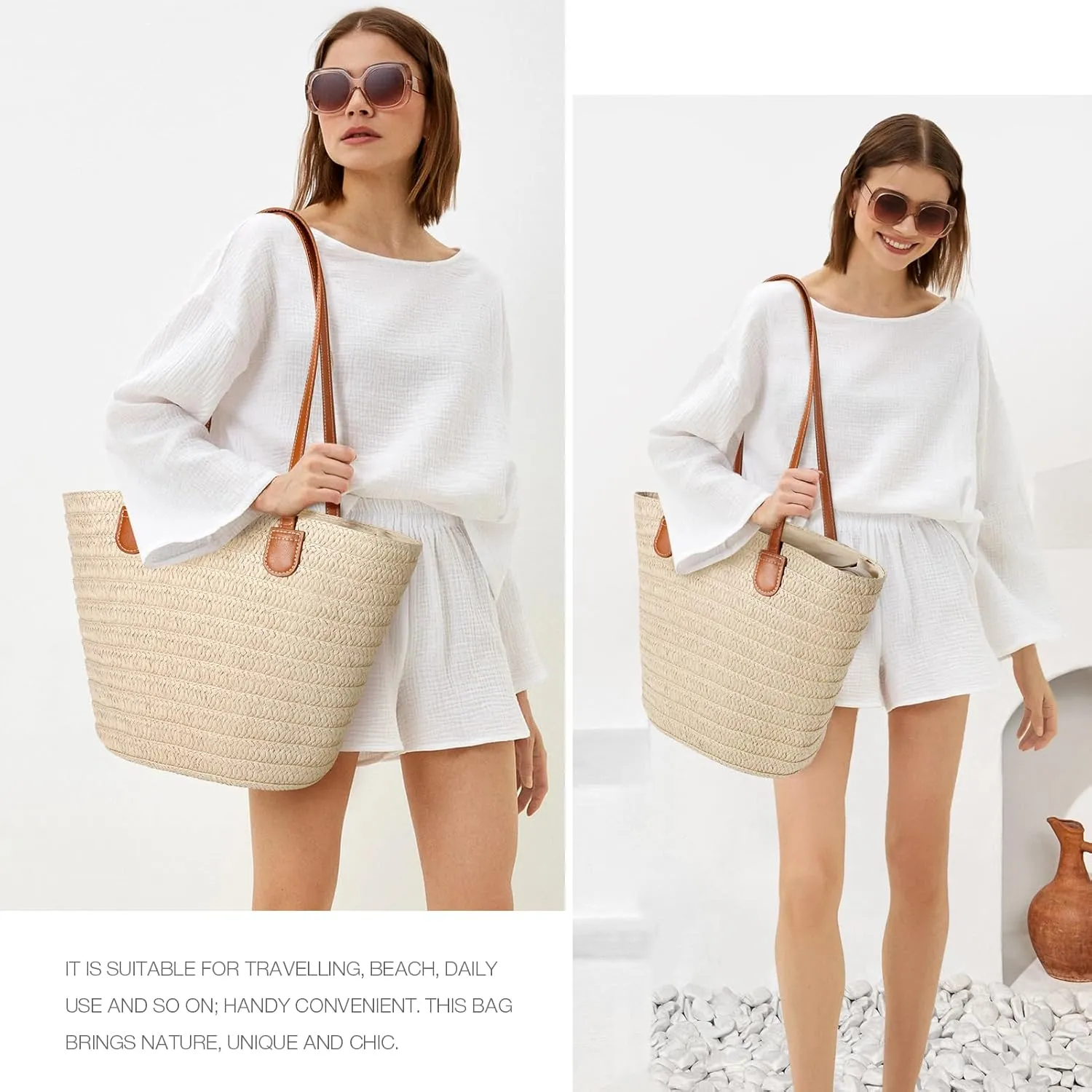 Hommtina Straw Beach Bag - Womens Crossbody Shoulder Vacation Purse for Summer