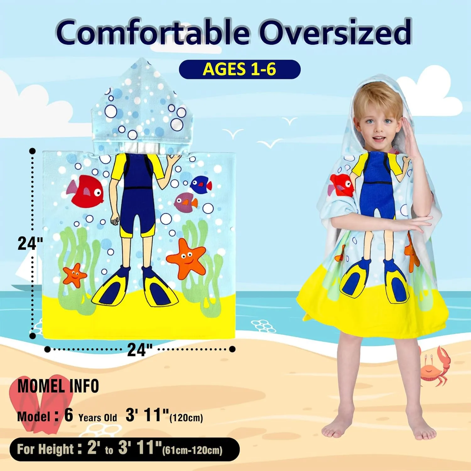 Hooded Kids Beach Towels - Toddler Bath Towel Girls Boys Swim Cover-ups for Ages 1 to 6 Kids Pool Towels Quick Dry Lightweight Soft Microfiber Poncho Towel 24x23(Diver)