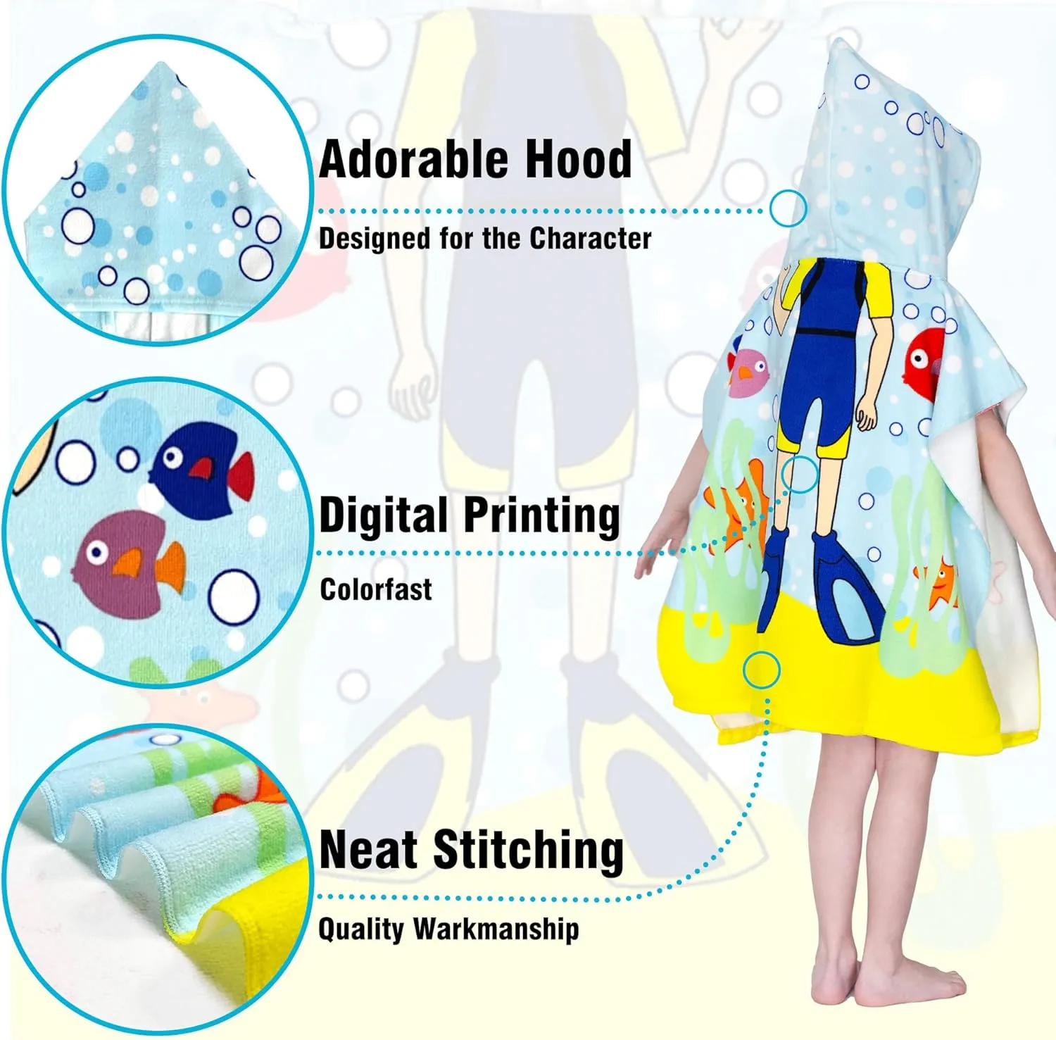 Hooded Kids Beach Towels - Toddler Bath Towel Girls Boys Swim Cover-ups for Ages 1 to 6 Kids Pool Towels Quick Dry Lightweight Soft Microfiber Poncho Towel 24x23(Diver)