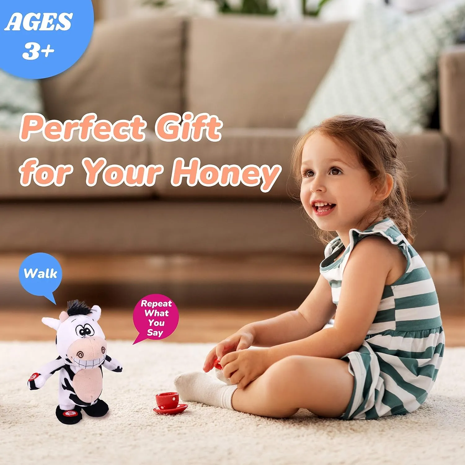 Hopearl Talking Singing Cow Repeats What You Say Walking Electric Interactive Animated Toy Speaking Plush Buddy Gifts for Toddlers, 8''
