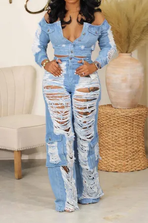 hulianfu Ripped Burrs On-trend Multi Pocket Jeans