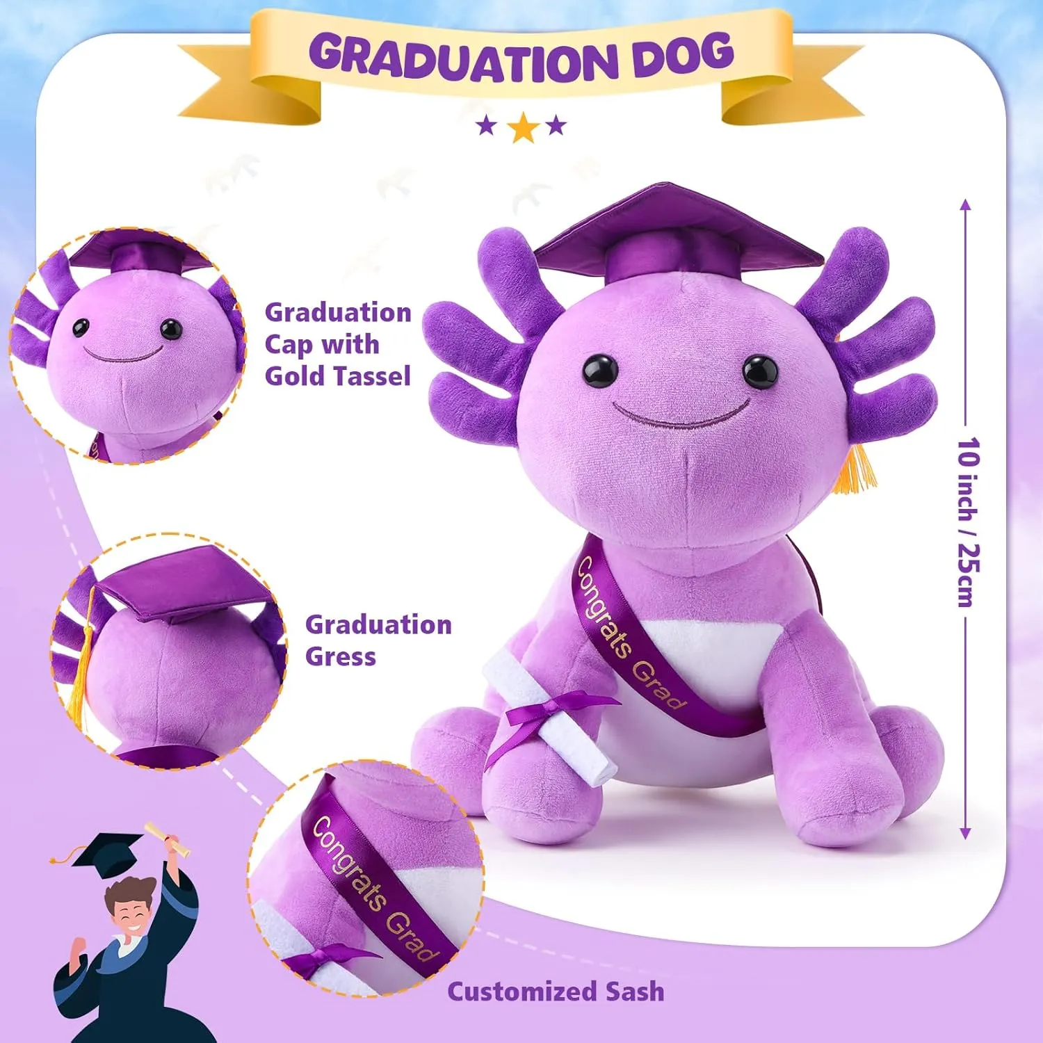 HyDren 10 Inch Graduation Axolotl Plush Stuffed Animal Axolotl Stuffed Animals with Graduation Hat Diploma and Sash, Plush Gift for Preschool, Kindergarten, Friend, Relatives(Purple)