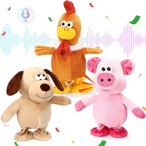 HyDren 3 Pcs Talking Chicken Pig Dog Chicken Stuffed Animals Set Farm Repeats What You Say Walking Chick Electric Interactive Animated Toy Speaking Plush Gift for Toddlers Birthday, 8''