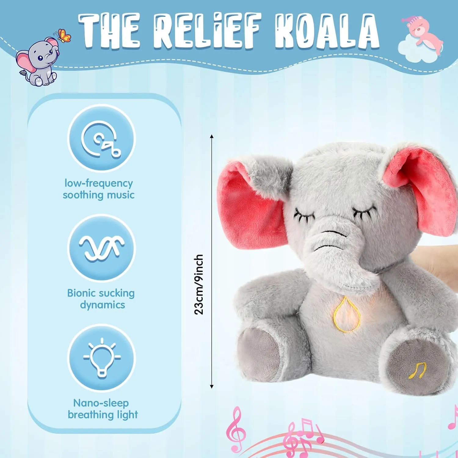 HyDren Breathing Stuffed Animal 9 inch Calming Soothers for Sleep Heartbeat Plush for Anxiety with Music Lights and Rhythmic Breathing Motion Anxiety Relief Portable Plush Sound Machine(Elephant)