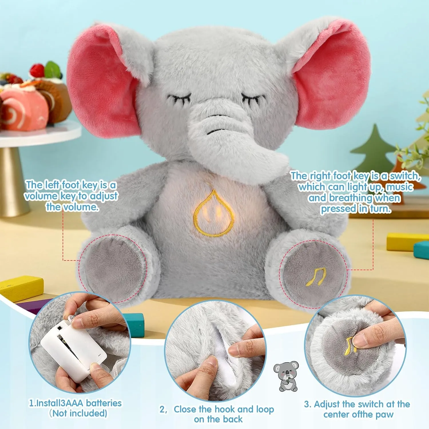 HyDren Breathing Stuffed Animal 9 inch Calming Soothers for Sleep Heartbeat Plush for Anxiety with Music Lights and Rhythmic Breathing Motion Anxiety Relief Portable Plush Sound Machine(Elephant)