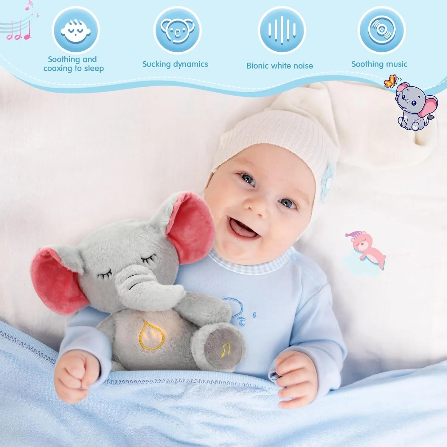 HyDren Breathing Stuffed Animal 9 inch Calming Soothers for Sleep Heartbeat Plush for Anxiety with Music Lights and Rhythmic Breathing Motion Anxiety Relief Portable Plush Sound Machine(Elephant)