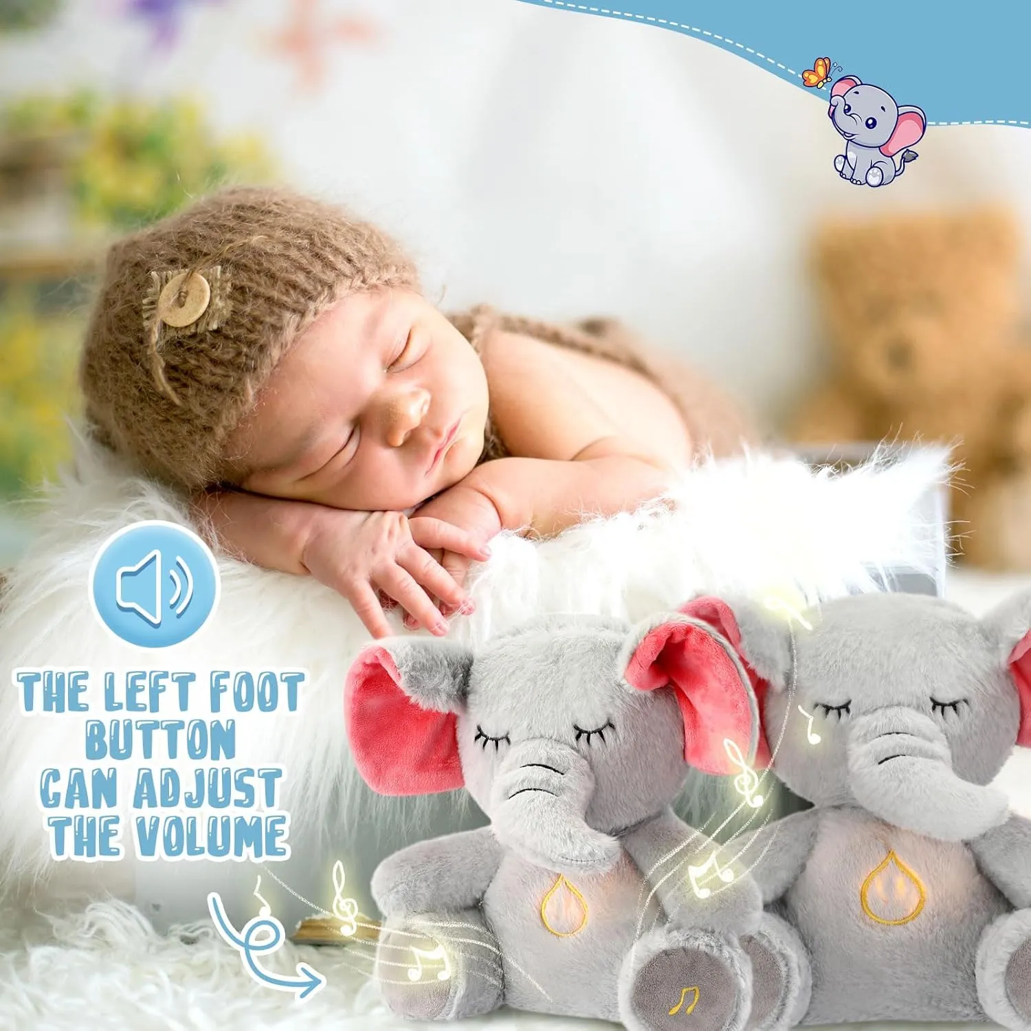 HyDren Breathing Stuffed Animal 9 inch Calming Soothers for Sleep Heartbeat Plush for Anxiety with Music Lights and Rhythmic Breathing Motion Anxiety Relief Portable Plush Sound Machine(Elephant)