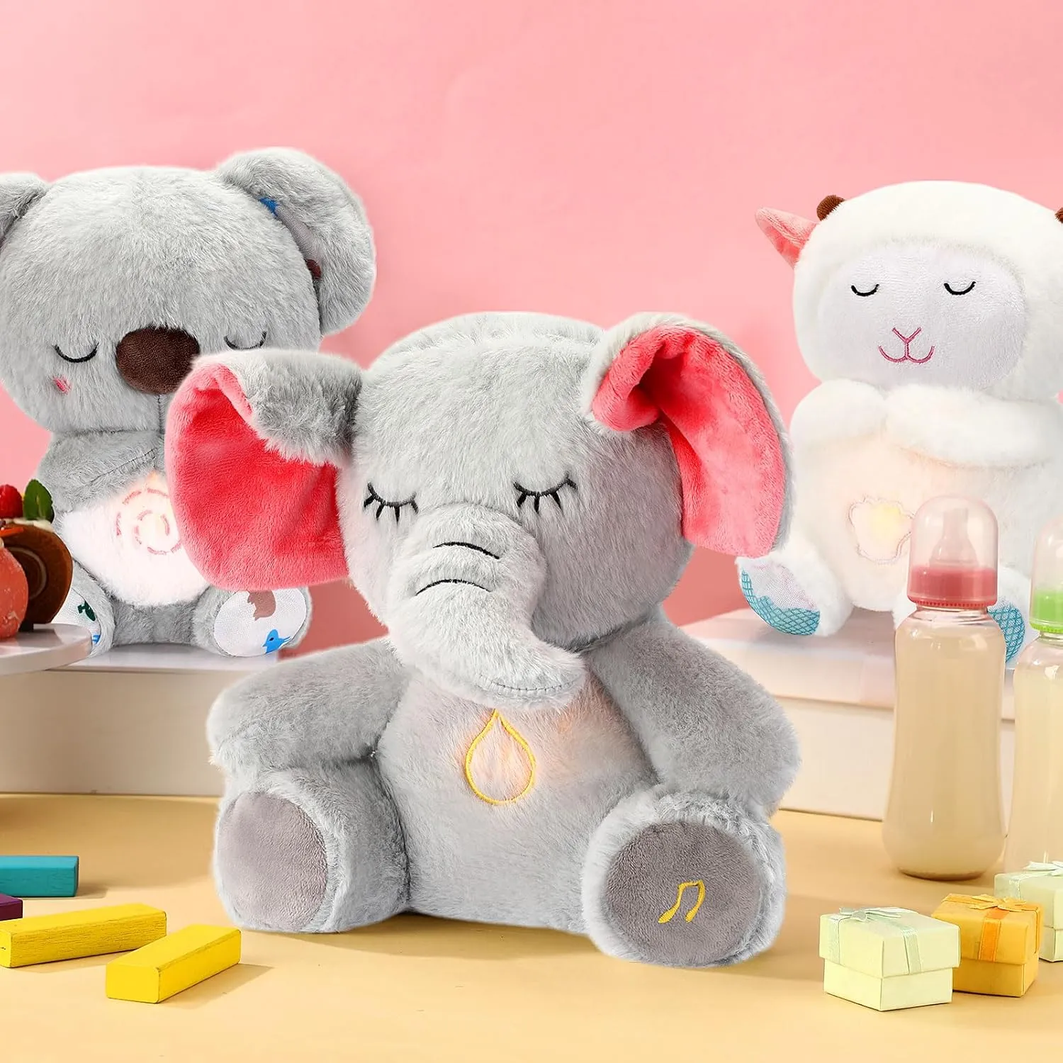 HyDren Breathing Stuffed Animal 9 inch Calming Soothers for Sleep Heartbeat Plush for Anxiety with Music Lights and Rhythmic Breathing Motion Anxiety Relief Portable Plush Sound Machine(Elephant)