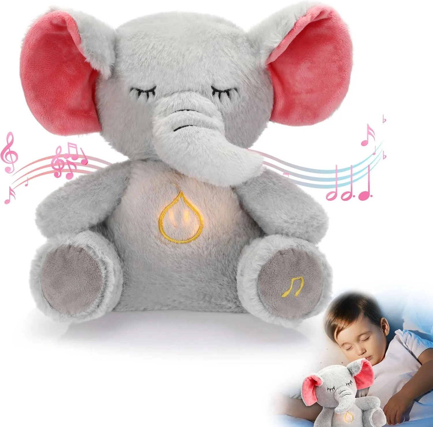 HyDren Breathing Stuffed Animal 9 inch Calming Soothers for Sleep Heartbeat Plush for Anxiety with Music Lights and Rhythmic Breathing Motion Anxiety Relief Portable Plush Sound Machine(Elephant)