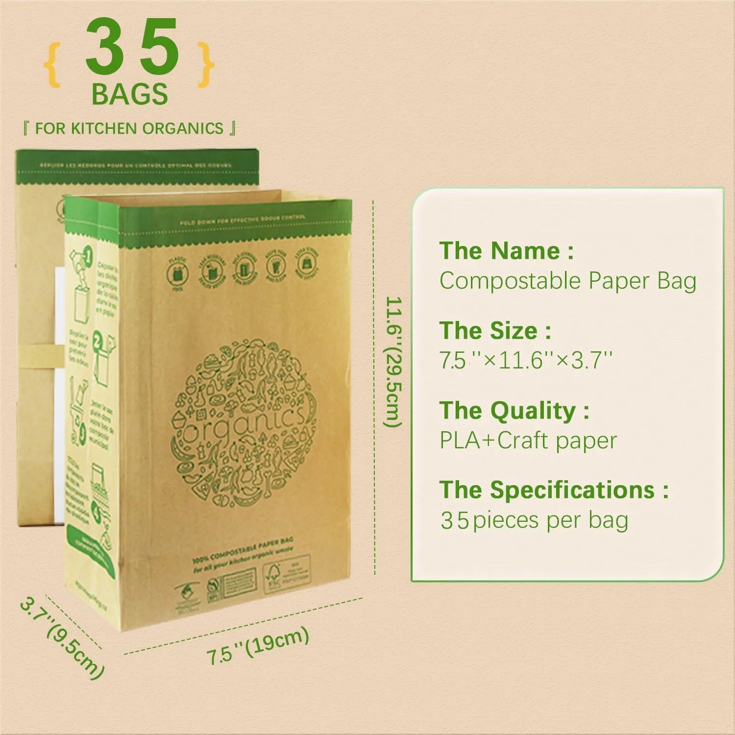 Hytrend-Kitchen Food Waste Bag-35 Bags-0 Compostable paper Bag - Leak Resistant Liner - Plastic Free - Small-Certified by BNQ and BPI