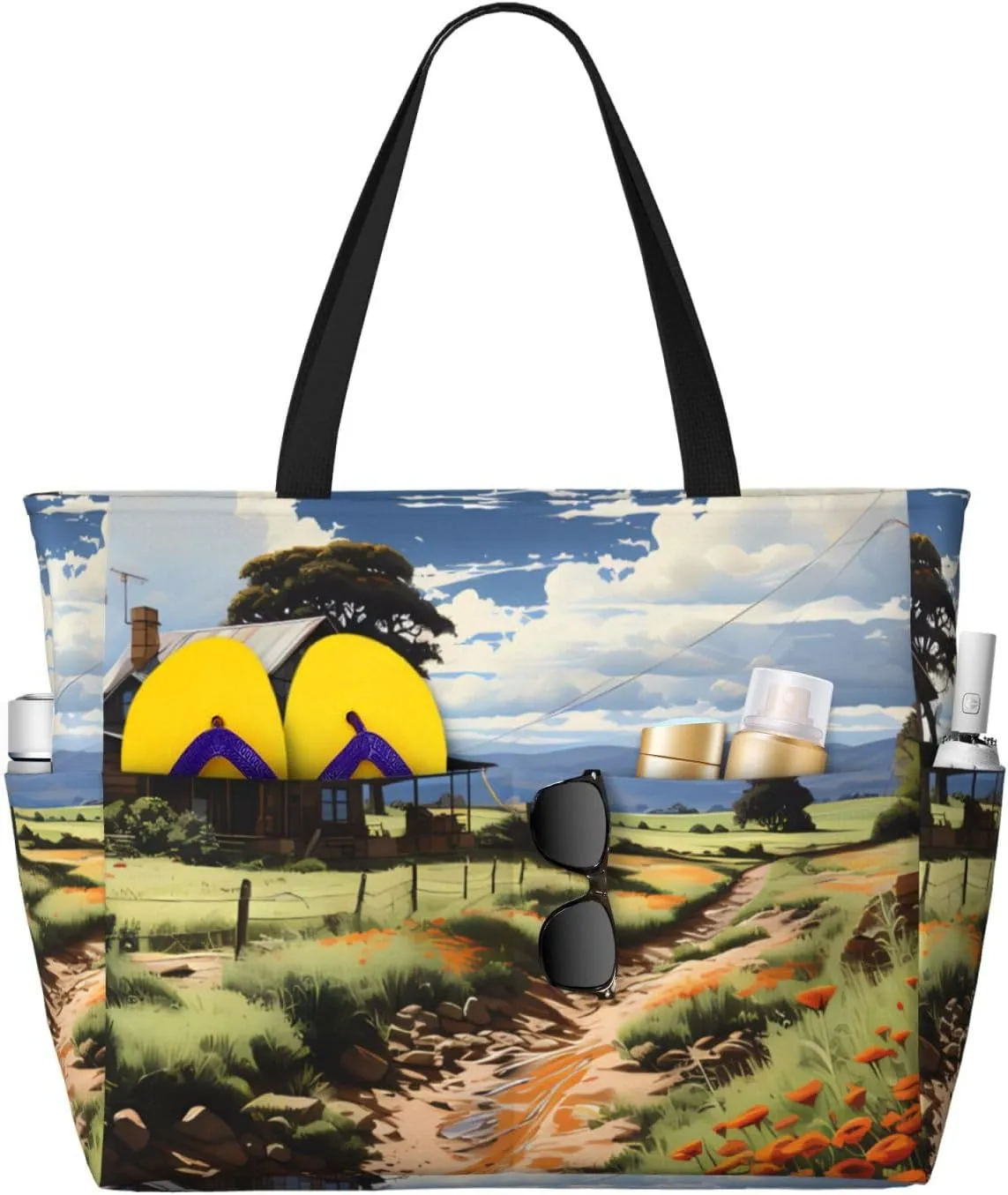 idyllic scenery Print 28L Large Beach Tote Bag, 7 Pockets Waterproof Travel Shoulder Bag, Gym Oversized Tote