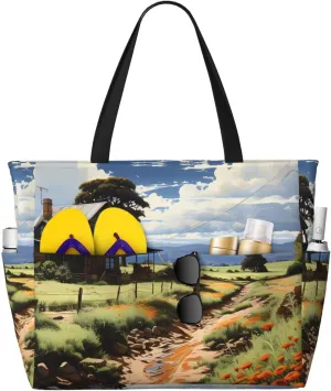 idyllic scenery Print 28L Large Beach Tote Bag, 7 Pockets Waterproof Travel Shoulder Bag, Gym Oversized Tote
