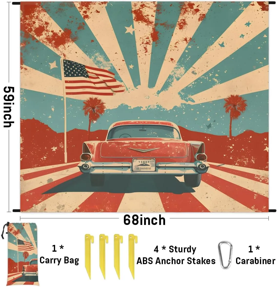 Independence Day Car Beach Blanket, Sandproof Beach Mat, 68 x 59 Quick Drying Sand Free Mat with 4 x Ground Spikes for Outdoor Travel Camping Hiking, America Stars Stripes Patriotic