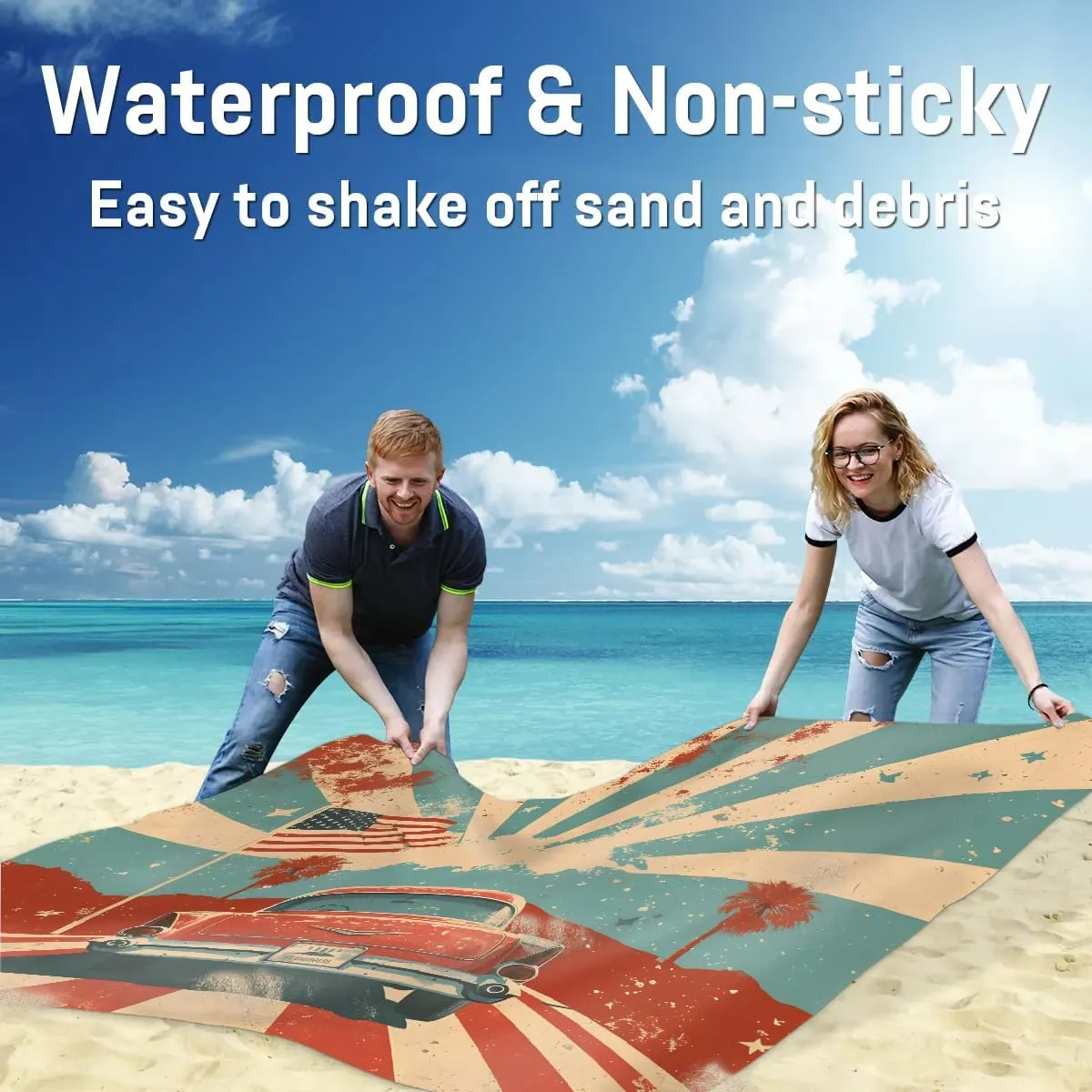 Independence Day Car Beach Blanket, Sandproof Beach Mat, 68 x 59 Quick Drying Sand Free Mat with 4 x Ground Spikes for Outdoor Travel Camping Hiking, America Stars Stripes Patriotic