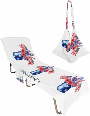 Independence Jar with Floral Flag Poppies Chaise Lounge Cover - Beach Chair Towel, Blue Firework Pool Lounger Chair Covers with Side Pocket, Towels Cover for Sunbathing Patio Hotel, 85 x 29 in