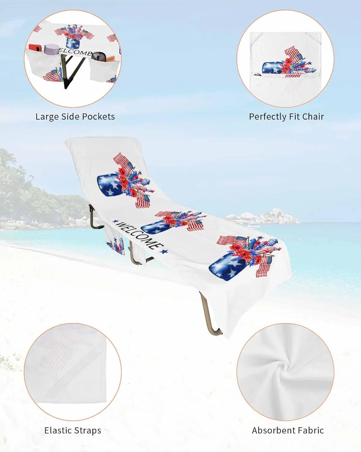 Independence Jar with Floral Flag Poppies Chaise Lounge Cover - Beach Chair Towel, Blue Firework Pool Lounger Chair Covers with Side Pocket, Towels Cover for Sunbathing Patio Hotel, 85 x 29 in