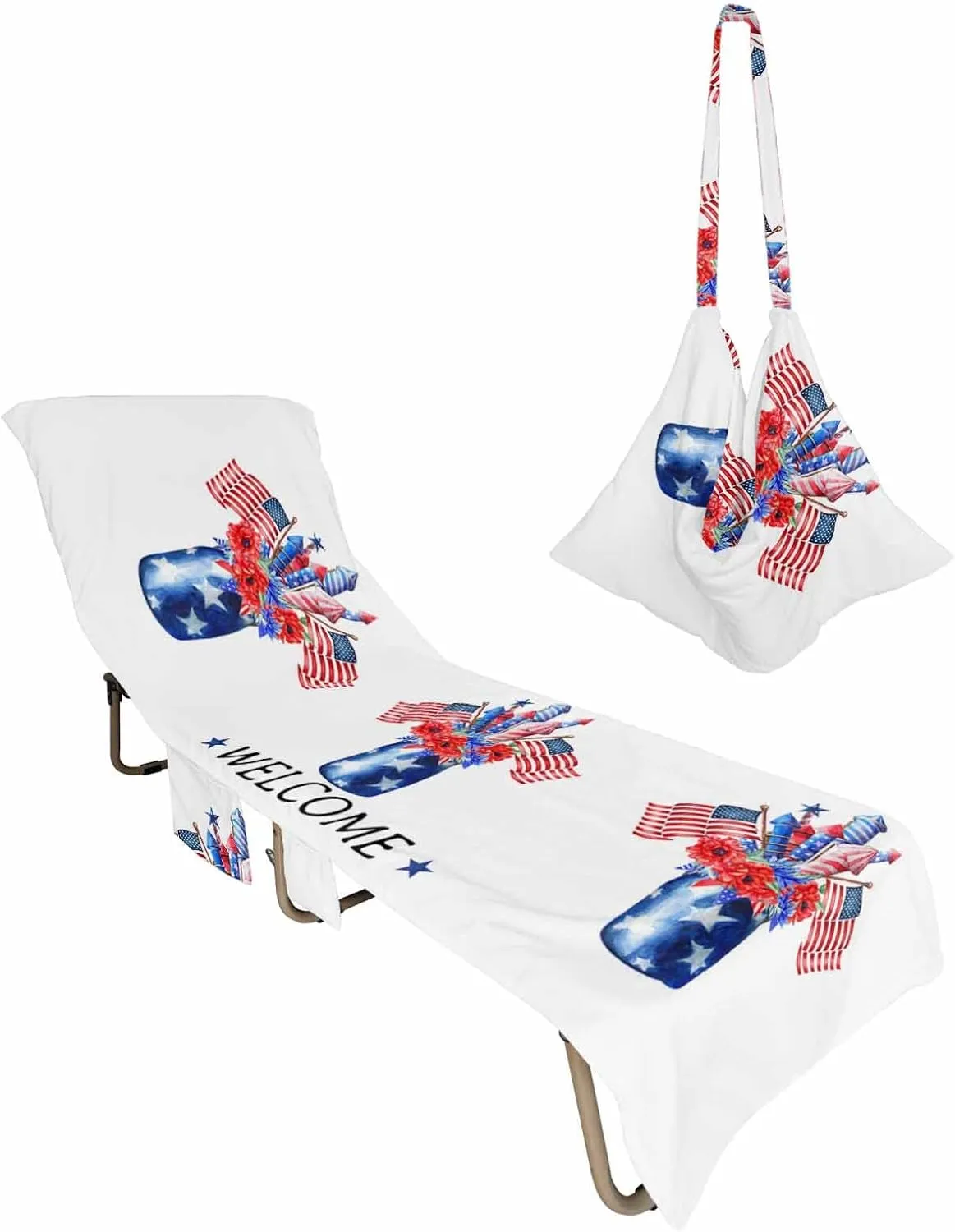 Independence Jar with Floral Flag Poppies Chaise Lounge Cover - Beach Chair Towel, Blue Firework Pool Lounger Chair Covers with Side Pocket, Towels Cover for Sunbathing Patio Hotel, 85 x 29 in