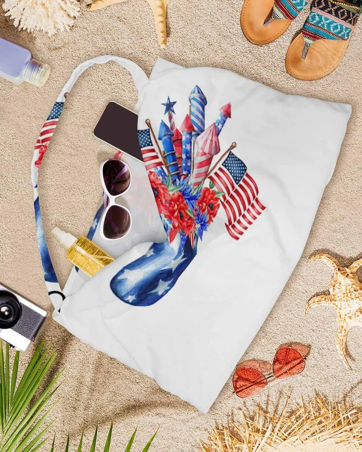 Independence Jar with Floral Flag Poppies Chaise Lounge Cover - Beach Chair Towel, Blue Firework Pool Lounger Chair Covers with Side Pocket, Towels Cover for Sunbathing Patio Hotel, 85 x 29 in
